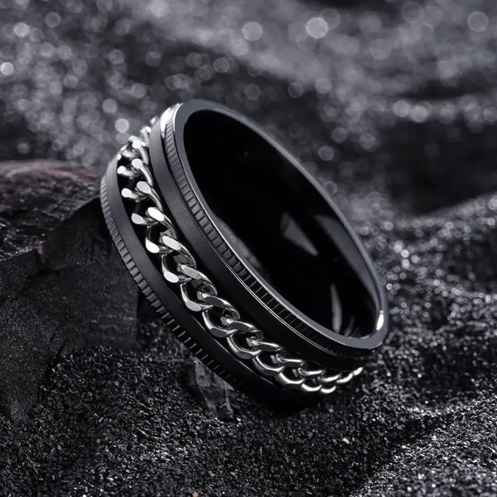Men's Black and Silver Chain Ring